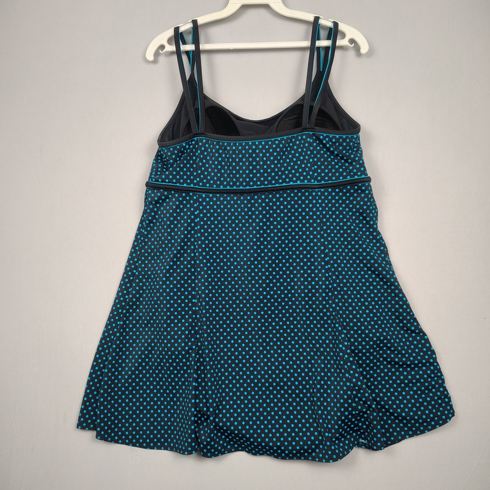 Longitude Swimdress Women 14 Black Blue Polka Dot Tummy Control Nylon Spandex - Picture 2 of 9